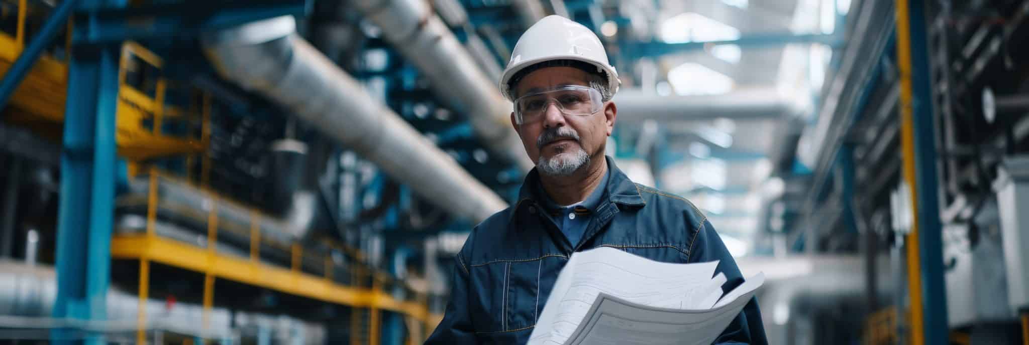 Engineer reviewing plant drawings for industrial cabling project planning
